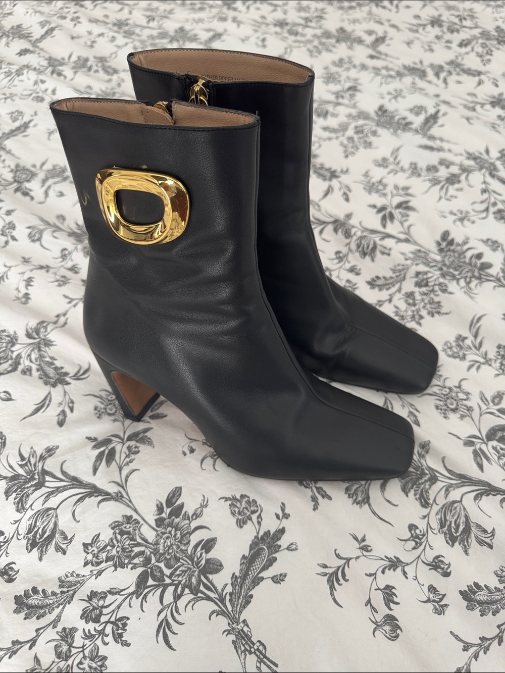 Women's Black Leather Mid-Calf Boots with Gold Accent